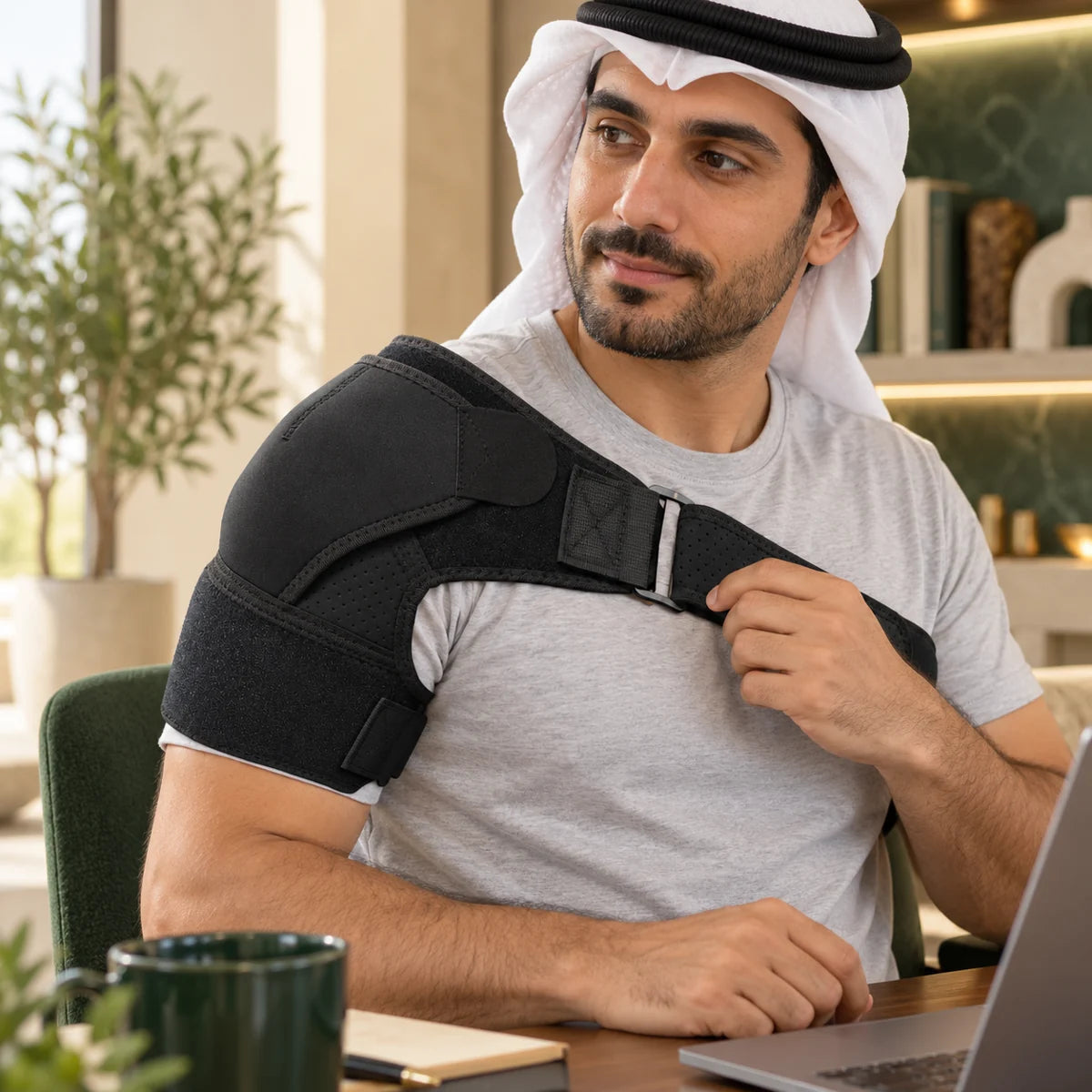 دعامة كتف قابلة للتعديل — عدّل الحزام على راحتك، صورة استخدام توضيحية